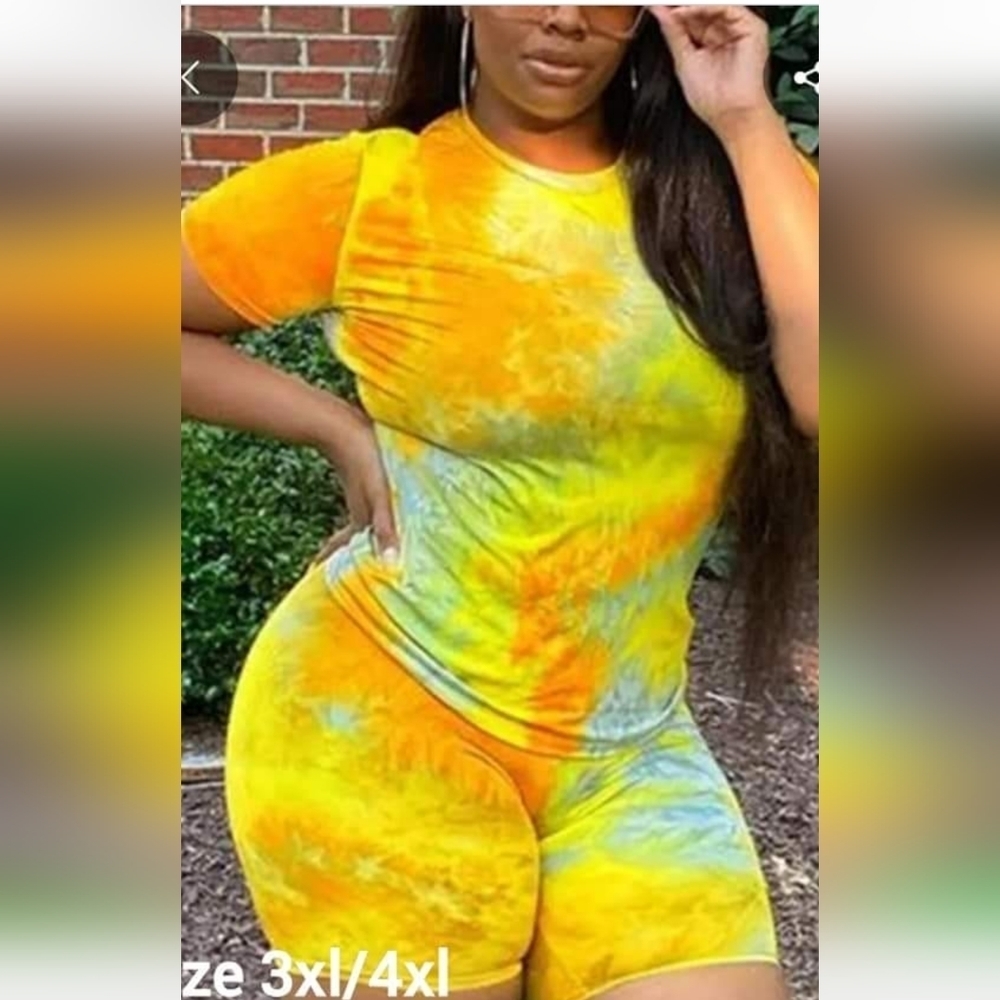 New CASUAL YELLOW TIE DYE PRINT 2 PIECE Plus SIZE Short Set FITS SIZES 3XL/4XL